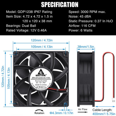 GDSTIME 120mm x 38mm 12V DC Waterproof IP67 Fan, High CFM Dual Ball Bearing 2Pin for DIY Cooling Ventilation Exhaust