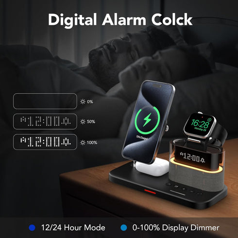 5 in 1 Wireless Charger with Alarm Clock for Apple, Mag-Safe Charging Station for iPhone 16/15/14/13/12, Apple Watch