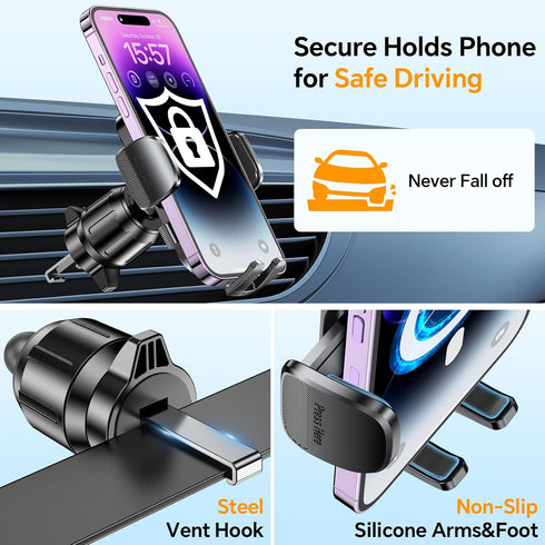Car Phone Holder Mount with 36mm Longer Metal Hook Clip, Hands-Free Phone Holder for Car Vent, Compatible with iPhone