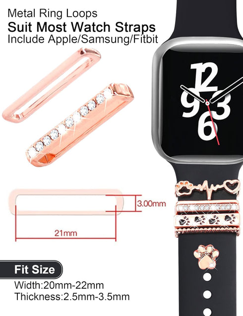 JR.DM 13 Pieces Rose Gold Watch Band Charms with 10-Pcs Decorative Rings & 3-Pcs Decoration, Compatible with Apple Watch
