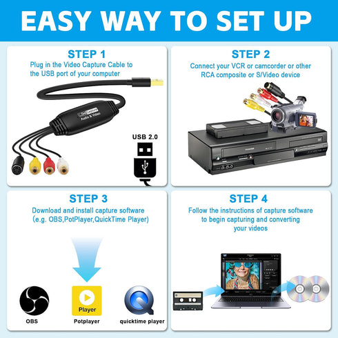 Herfair Hi8 VHS to Digital Converter, USB Video Capture Card Device, RCA to USB A Converter, Convert VHS VCR DV Tape