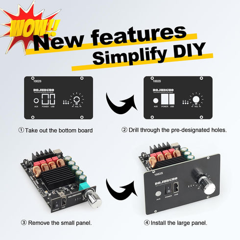 DAJUNGUO 1002S 2.0 Bluetooth Amplifier Board, Dual TPA3116D2 Chips, 100W+100W Power Output, Bluetooth/USB/3.5mm AUX