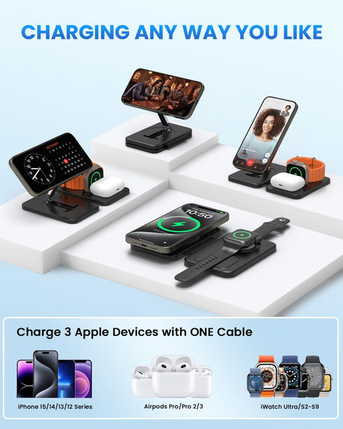 JoyGeek Magnetic Wireless Charging Station for Apple Devices, 3 in 1 Foldable Charger Stand for MagSafe,Compatible with iPhone 15/14/13/12 Series, Charging Dock for iWatch Ultra/Series 2-9, AirPods