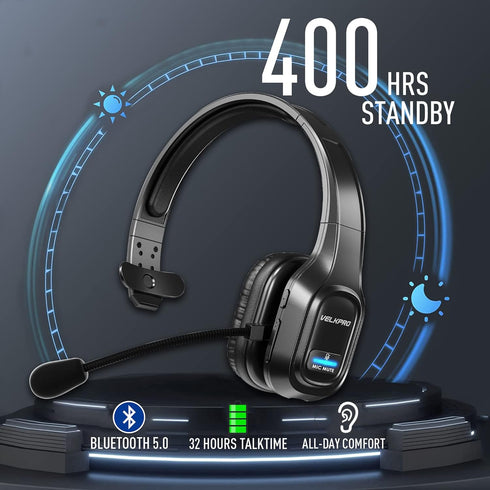 Wireless Headset with Microphone, Single-Ear Headphone, Adjustable Headband, Noise Isolation Mic for Home Office