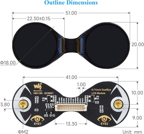 UeeKKoo 0.71inch ESP32 160x160 65K Double Eye Round LCD Display Module Compatible with Raspberry Pi Pico/Pico W, /