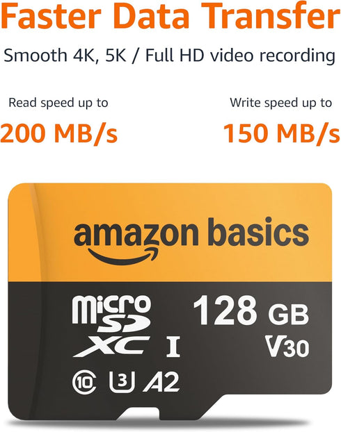 Amazon Basics 128GB 200MB/s, 1-Pack microSDXC Memory Card with Adapter for Smartphones, Drones, Cameras, Full HD, Read