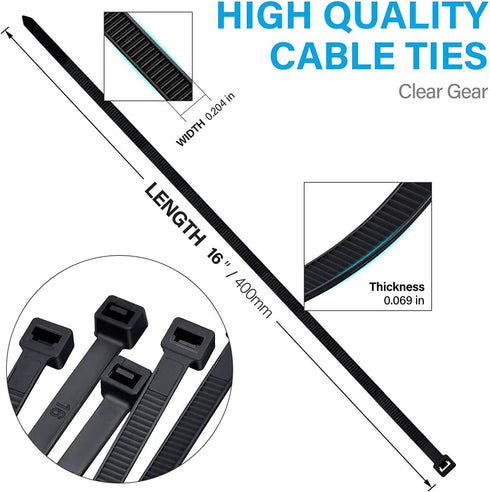 Zip Ties 16 Inch Black Wire Ties, 100 per Pack, Electrical Cable Ties with 60 lbs Tensile Strength for Outdoor Use