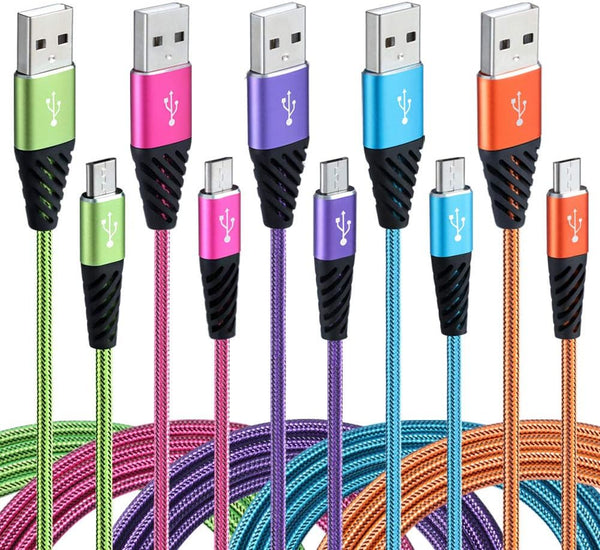 Fast Phone Charger Android 10ft 5-Pack Long Micro USB Cable Braided for Samsung Galaxy J3, J7, S6, S7 Edge, Note
