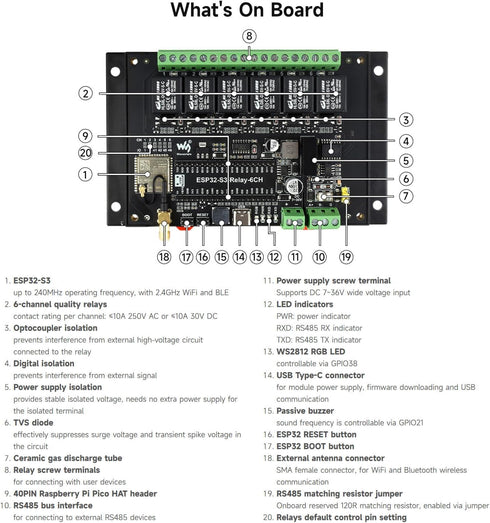 Waveshare Industrial 6-Channel ESP32-S3 WiFi Relay Module, Supports WiFi/Bluetooth/RS485 Control, Multiple Isolation
