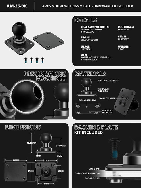 Tackform AMPS Mount - 25.4mm/1”/B-Sized System Compatible | CNC 6061-T6 Aluminum Ball | 4-Hole Drill Base | Mount Direct to Dash, AMPS, or Grid Style Brackets | Includes Hardware Kit |