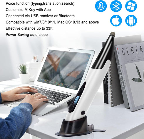 lychee Optical Pocket Pen Mouse, Wireless Handwriting Mini Mouse with Voice Control and Bluetooth for PC, White