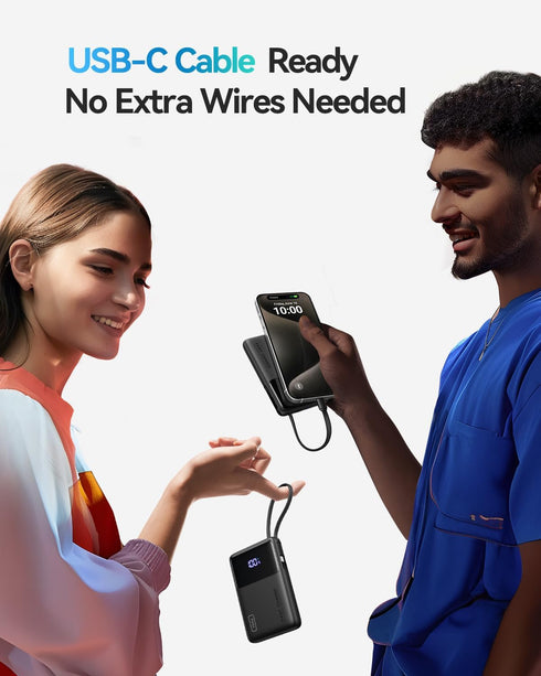 INIU 45W Slimmest 10000mAh Pack, 17 16 15 S24 S23 Power Bank, Portable Charger with Built in USB-C Cable, Fast Charging