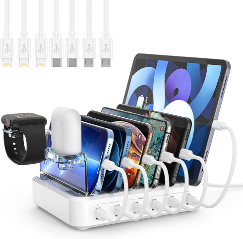 Charging Station for Multiple Devices, 60W 6 Port Charger Station with 7 Mixed Charging Cables, USB Charging Dock,