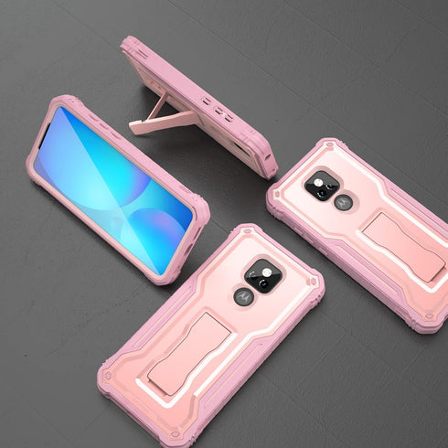 Moto G Play 2021 Case by ExoGuard, Rubber Shockproof Full-Body Cover with Built-in Screen Protector & Kickstand (Pink)