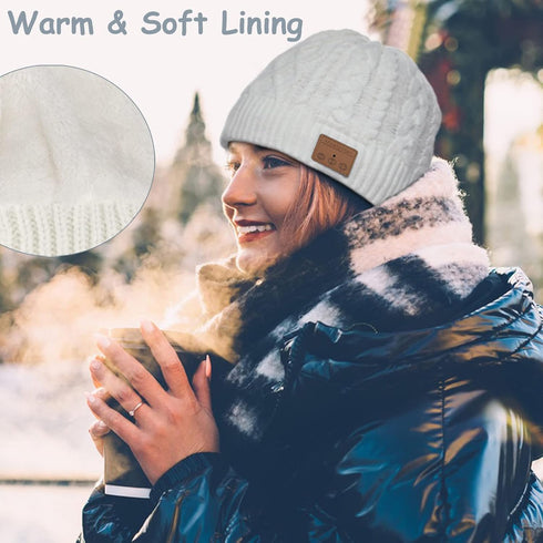 Wireless Beanie Headphone Hat for Women Winter Warm Knit Hats Cap Music Beanie with Headphones Built-in Stereo Speakers Mic for Outdoors Sports Running Skiing Woman Men Teenagers Her Him White