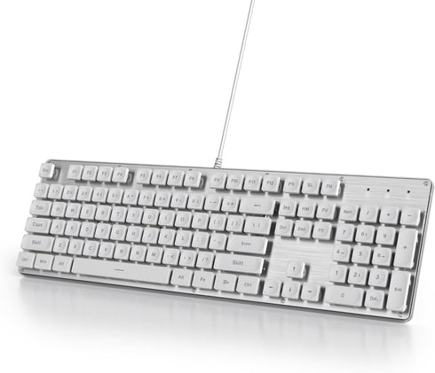 Owpkeenthy White Typewriter Gaming Keyboard Full-Size Quiet Keyboard with Ice Blue Backlit Light Up