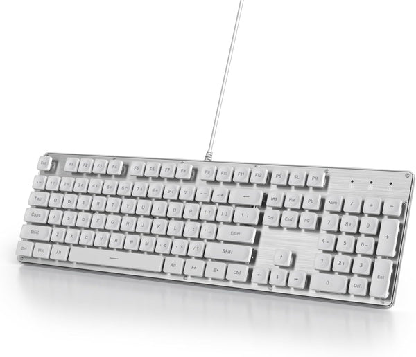 Owpkeenthy White Typewriter Gaming Keyboard Full-Size Quiet Keyboard with Ice Blue Backlit Light Up