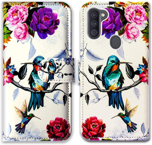 Case for Galaxy A11 (US Version) - Hummingbird in Flowers Leather Flip Wallet Cover with Card Slot