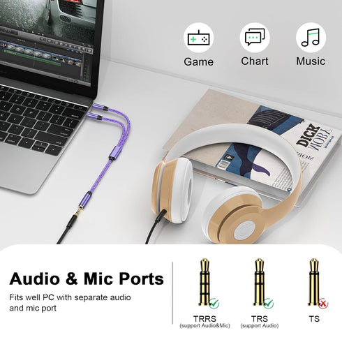 Headset 3.5mm 2 3.5mm and Microphone Splitter Cable for PC, Braided Female to Dual Male Mic Audio Y Splitter Cable Cord