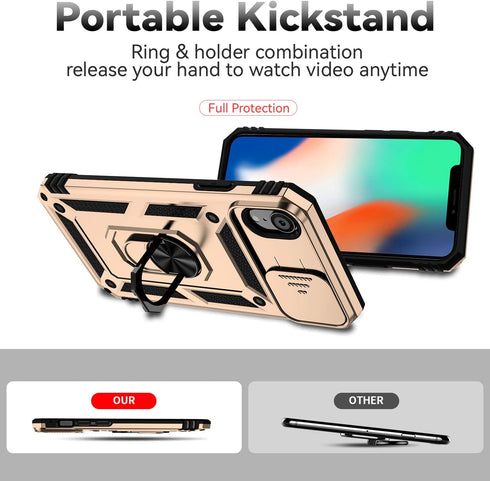 Hitaoyou iPhone XR Case with Camera Cover, Military Grade Shockproof Heavy Duty Protective Case with Stand, Gold