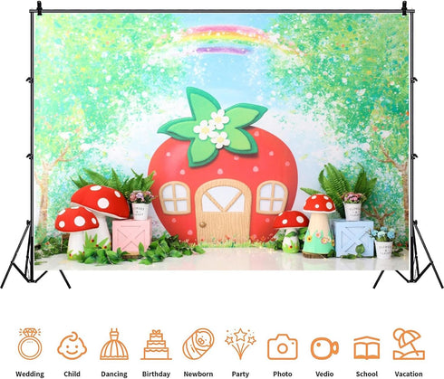 Yeele 7x5ft Strawberry Birthday Backdrop Cartoon Green Tree Rainbow Mushroom House Photography Background Berry One Sweet Girl Birthday Baby Shower Party Decorations Banner