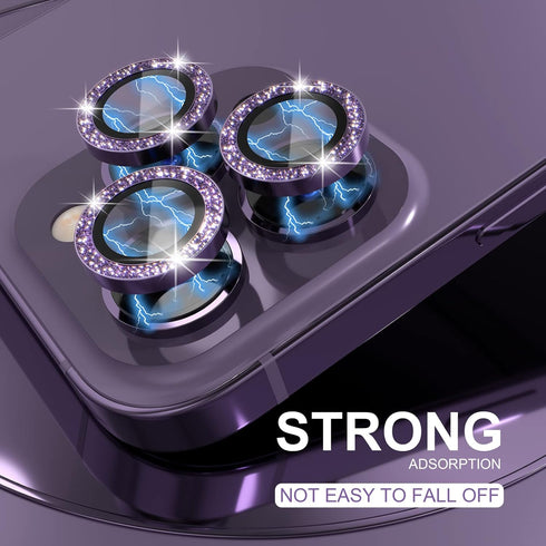 Choiche Bling Camera Lens Protector for iPhone 14 Pro/Pro Max, 9H Tempered Glass, Glitter-Purple, Metal Ring Decor.