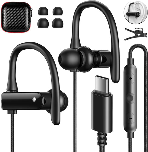 USB C Headphones Over Ear Hooks for iPhone 15 Pro Max Plus, Wired Earbuds with Loops Mic for Samsung Galaxy