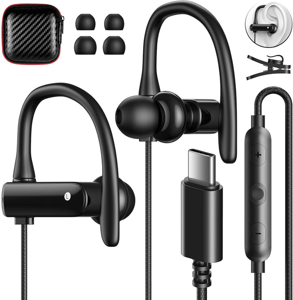 USB C Headphones Over Ear Hooks for iPhone 15 Pro Max Plus, Wired Earbuds with Loops Mic for Samsung Galaxy