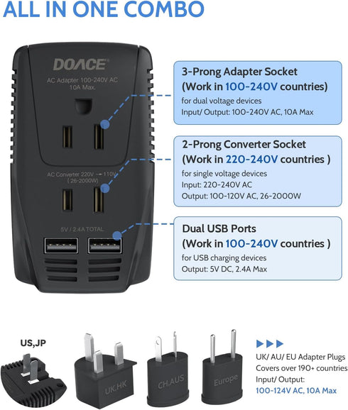 Upgraded DOACE 2000W Universal Voltage Converter, US to Europe, 220V to 110V for Travel, Power Adapter Combo