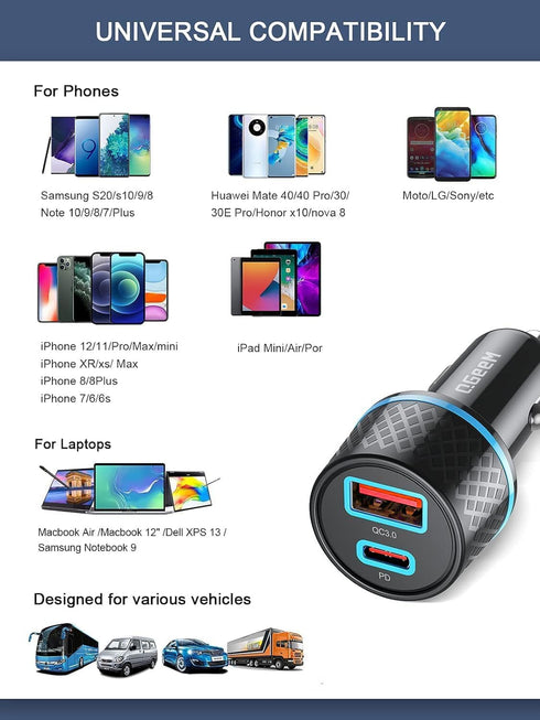 QGeeM USB C Car Charger Adapter, 2Pack 91W Fast Charging Cigarette Lighter Charger with PD3.0, Compatible for iPhone 15