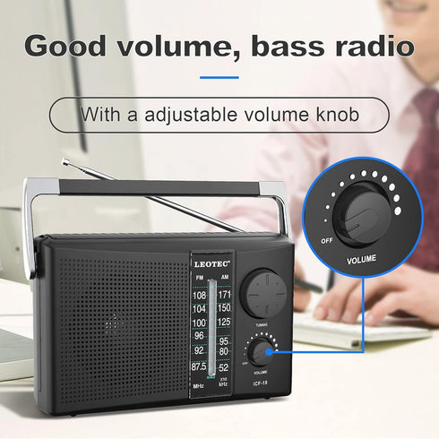 LEOTEC Portable AM FM Radio with Best Reception, Battery Operated or AC Power, Black