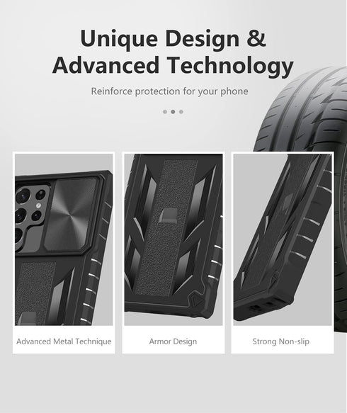 Case for Samsung Galaxy S22 Ultra 5G: Military Grade Rugged Protective Phone Cover with Built-in Kickstand - Black