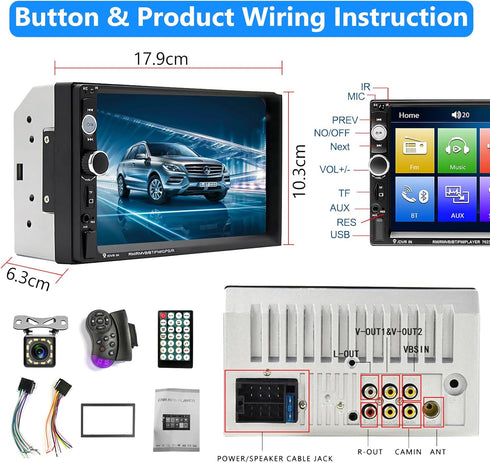 Podofo Double Din Car Stereo with Bluetooth, 7 Inch Touchscreen Multimedia Receiver with Backup Camera and Remote