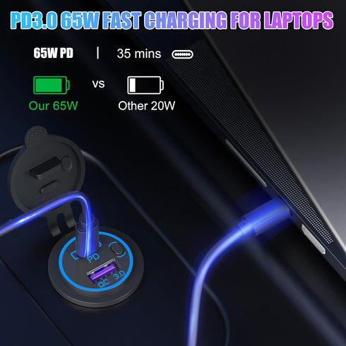 Boostable 12V USB C Outlet, 65W PD3.0 Port, 18W Quick Charge 3.0 Car USB Charger Socket for Laptops, Waterproof