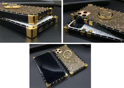 Bling Case for iPhone 12 Pro Max 6.7" Soft TPU Cover with Ring Kickstand Holder, Glitter Gold Corner, Gray