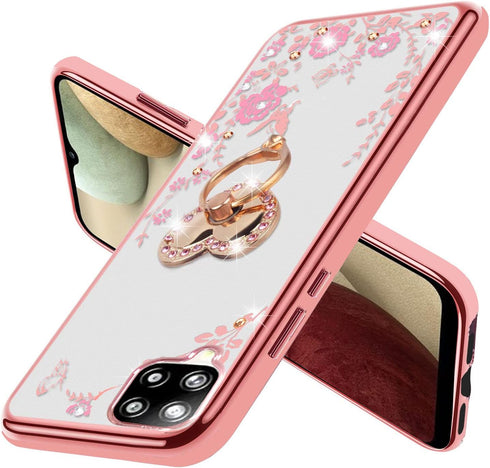 B-wishy Glitter Crystal Butterfly Heart Floral Case for Samsung Galaxy A12 5G, Slim Luxury Bling TPU with Ring Grip