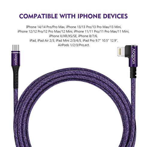 90 USB-C to Lightning Cable 2-Pack: 10ft & 6ft Fast Charging iPhone Charger - Right Angle Cord (Cosmos Purple)