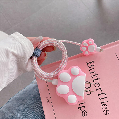 3D Cute Cartoon Charger Protector Case for Apple 20W USB-C Power Adapter and Lightning Cable (Pink Cat's Claw)