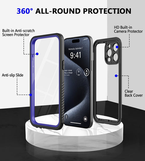 iPhone 15 Pro Max Case Waterproof, Built-in Screen Protection, IP68 Underwater, Military Dropproof, Purple