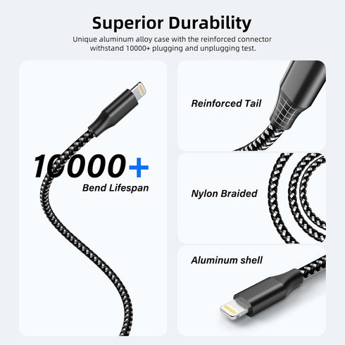Apple MFi Certified iPhone Charger Fast Charging Cord 10 FT - 3 Pack, Nylon Braided, Compatible with iPhone 13, 12, 11