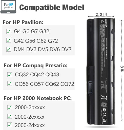 593553-001 593554-001 Extended Laptop Battery - MU06 MU09 for HP Pavilion G6 G7 G62 G72 G4 and more, 10.8V 5200mAh 6Cell