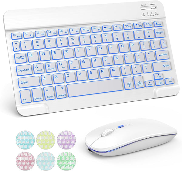 TECURS Bluetooth Keyboard and Mouse Combo for iPad, 7-Color Backlit Rechargeable Wireless Keyboard & Mouse