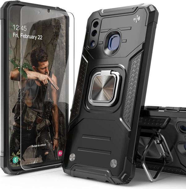 Galaxy A20/A30 Case with Screen Protector, Shockproof Drop Test Cover with Car Mount Kickstand, Black