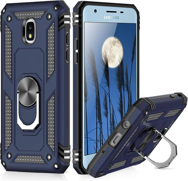 TJS Phone Case for Samsung Galaxy J7, Blue Metal Ring Magnetic Support Protector Cover
