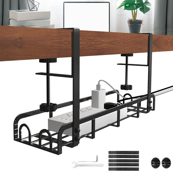Sleclean Under Desk Cable Management Tray, Upgraded Long Arm Clamp, No Drill Steel Desk Cable Organizers
