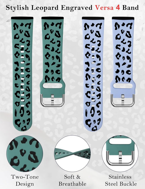 Minyee 2 Pack Leopard Engraved Band for Fitbit Versa 4/Versa 3/Sense 2, Two-Tone Cheetah Soft Silicone Strap