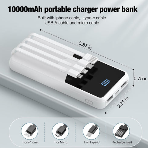 TXQX 10000mAh Pack 5 3 Portable Charger with Built in Cables,High Speed Power Bank Travel Battery Outputs Inputs
