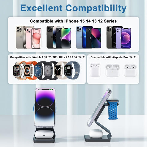 Aluminum Alloy 3 in 1 Wireless Charger Stand - Mag-Safe Compatible with iPhone 15/14/13/12, iWatch, AirPods (Cable