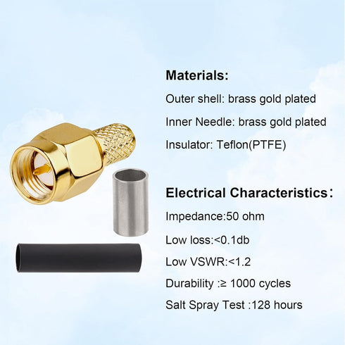 SMA Male Crimp Connector, RF Plug Crimp Connector for RG58 RG142 RG400 LMR195 Coaxial Cable (10 Pack)