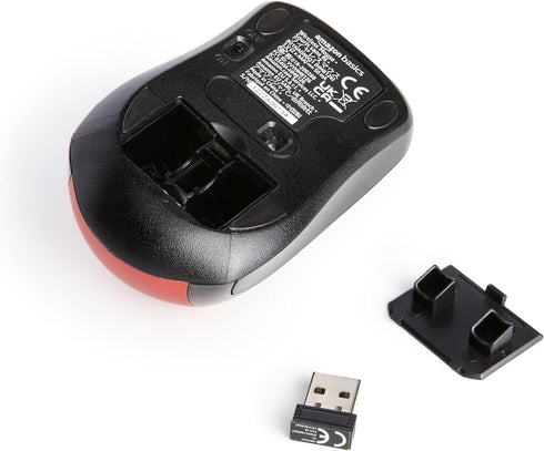 Amazon Basics 2.4 Ghz Wireless Optical Computer Mouse with USB Nano Receiver, Red